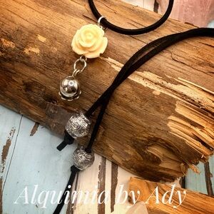 Long Suede Wrap Necklace — Carved Rose Pendant — Adjustable Styling